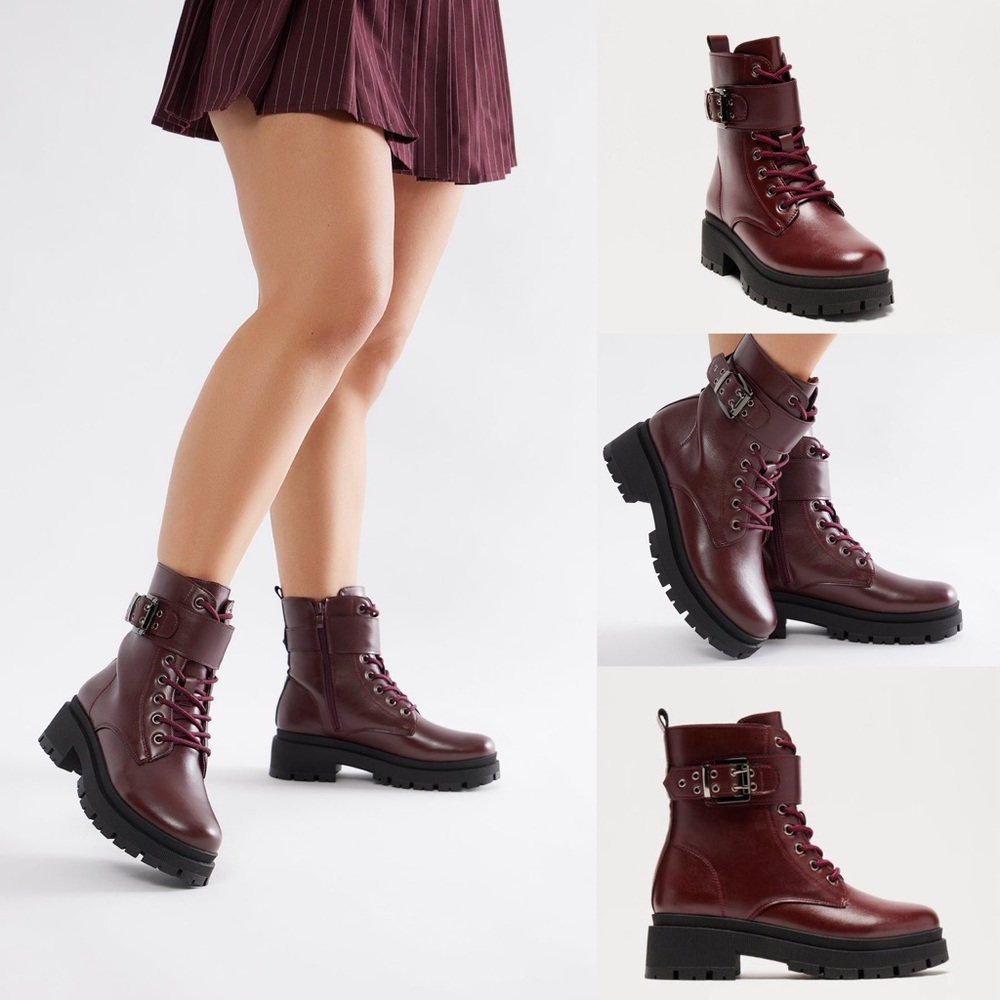 Fashion Nova Womens Tory Lace Up Combat Boots Booties Shoes Size 11 Burgundy Red
